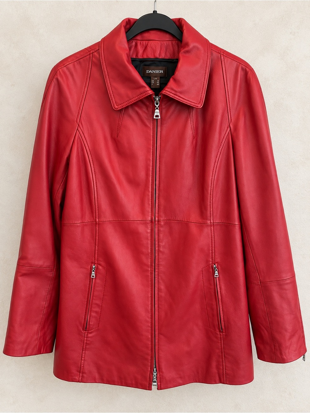 Danier Red Genuine Leather Longline Jacket Coat Women’s Size Large Lined Phoebe